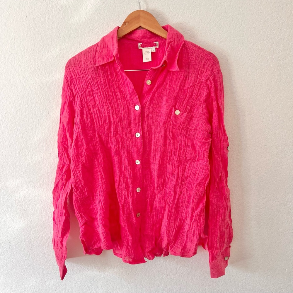 Bright Pink 100% Linen Button Down Shirt Sz L